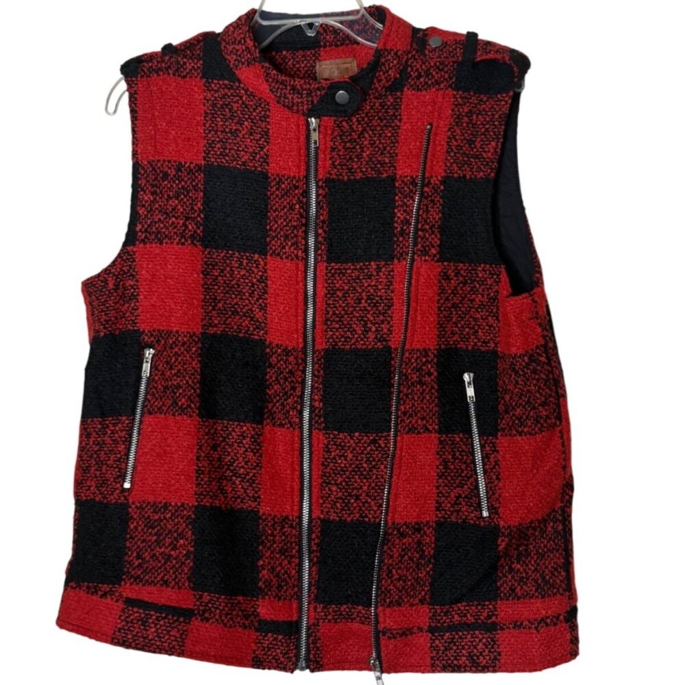 POL S Red Black Buffalo Plaid Zip Vest Moto Pockets Textured Wool Blend